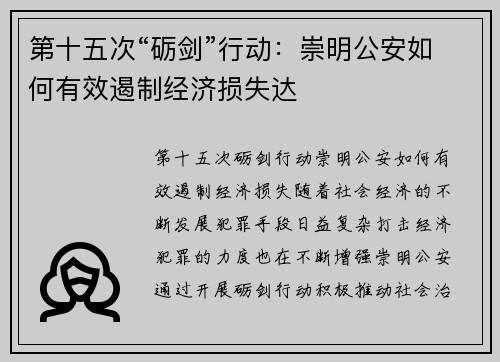 第十五次“砺剑”行动：崇明公安如何有效遏制经济损失达