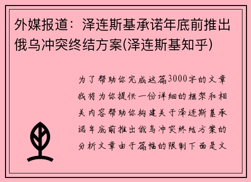 外媒报道：泽连斯基承诺年底前推出俄乌冲突终结方案(泽连斯基知乎)
