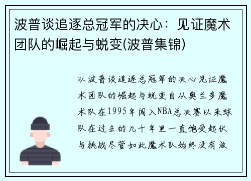 波普谈追逐总冠军的决心：见证魔术团队的崛起与蜕变(波普集锦)